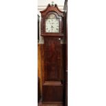 A mahogany 30-hour longcase clock with painted dial, Roman numerals and calendar aperture, swan-neck