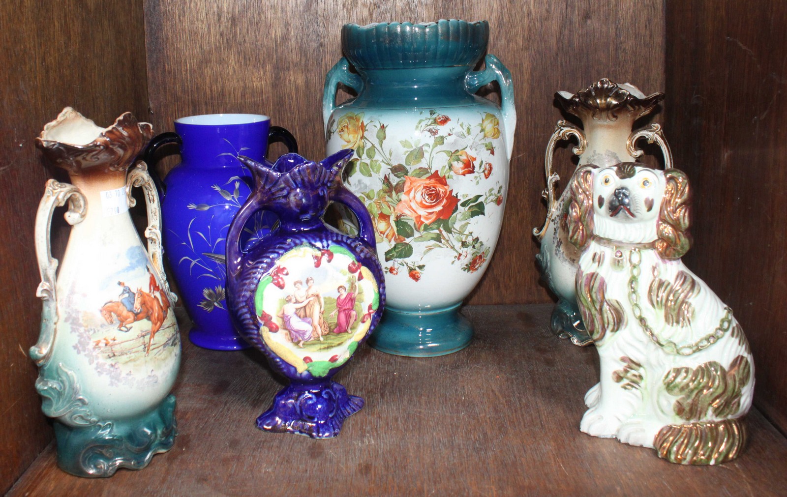 SECTION 33. Four assorted pottery vases, a glass vase and a Staffordshire pottery spaniel etc.