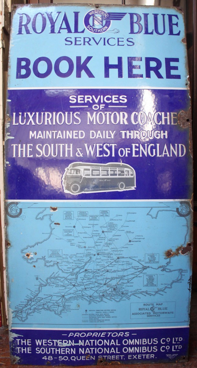 A 'Western Southern National' Royal Blue Services Booking Office enamel sign, the centre depicting