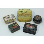 Three small Russian lacquer boxes, a trinket box decorated with pheasants and a porcelain floral