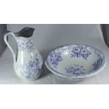 A Victorian style wash basin and jug decorated with blue floral and foliate scrolling vines, the