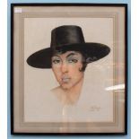 A. Pacheco (20th century) Portrait study of a lady wearing brimmed hat, signed and dated 1908?