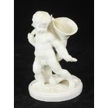 A Moore cream glazed sweetmeat figure of a putto carrying a knotted sack, sat upon a tree stump,