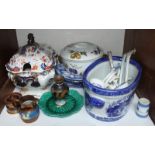 SECTION 2. A Mason's ironstone tureen and cover, reproduction porcelain blue and white foot bath,