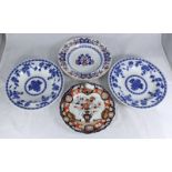 Three assorted Mintons cabinet plates, two 'Delft' pattern examples, together with a Mason's Imari