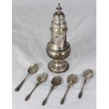 A Victorian silver sugar caster, makers marks rubbed, hallmarked London, 1892, together with five