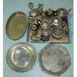 A quantity of silver-plated items including teapot and coffee set, two various candelabra, rose
