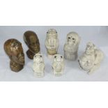Five assorted composition-moulded figures including two mice and a monkey etc. together with two