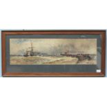 A watercolour of ships in choppy seas in a harbour with figures, signed 'T.B.Hardy', mounted, glazed