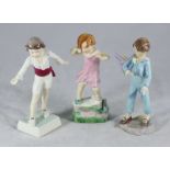 Three Royal Worcester porcelain figures Wednesday's Child 3259, The Parakeet 3087 and Masquerade Boy