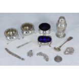 A collection of assorted silver items comprising a pepper shaker, hallmarked Birmingham, 1931, a