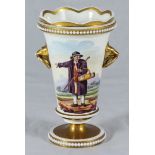 A 19th century continental porcelain pedestal spill vase of tapering cylindrical form, painted