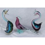 Three various coloured glass birds (one with broken tail)