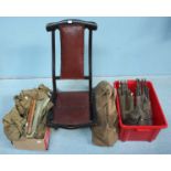 A collection of assorted military items including three mid 20th century fold-up chairs in canvas