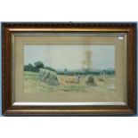 Schenk - Country landscape study with figures making hay and a mountainous landscape beyond,