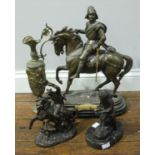 A patinated spelter figure of a horseman 'Quentin Durward,' together with a small mounted Saxon