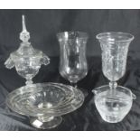 A cut glass bonbon jar and cover, together with a 19th century tazza, glass rinser and two vases (5)