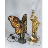 A gold-painted spelter figural table lamp modelled as Conquistador, 56cm, together with a