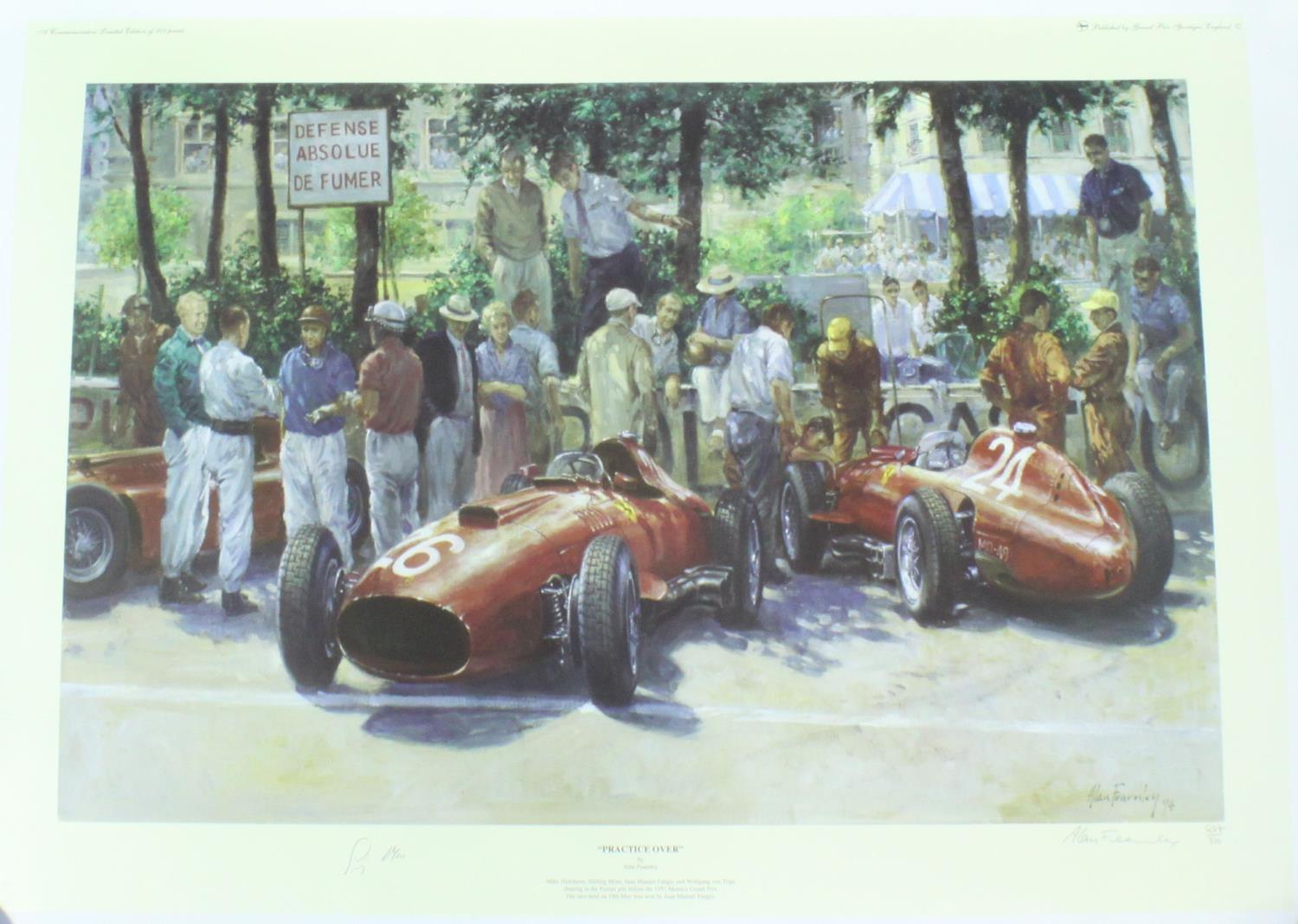 Motor Racing Interest: After Alan Fearnley, 'Practice Over' sign by artist and Stirling Moss, and '