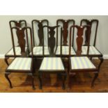 A set of 6 Queen Anne style standard dining chairs,with blue and white fabric drop in seats,