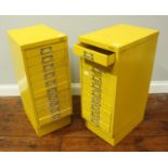 Two industrial style yellow metal ten-drawer filing cabinets, approx. 71cm high