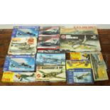 Thirteen various unmade scale model combat aeroplanes and battleships