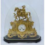 A 19th century gilt-spelter mantel clock modelled with a boy and plough horse, on rococo foliate