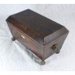 A 19th century twin-handled stained rosewood sarcophagus tea caddy, the interior with three lidded