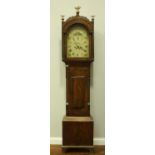 A George III flame mahogany longcase clock, the hood with three brass eagle finials, the white