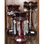 Three various Victorian Cranberry glass lustre vases with clear prism drops, the tallest 30cm high