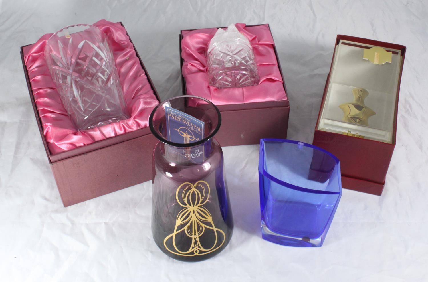 A Caithness Art Nouveau collectors purple vase, two Royal Doulton crystal vases, Onar metal bust and