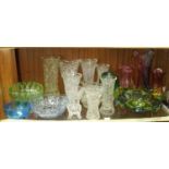 Five pieces of modern coloured freeform glass together with various coloured and clear cut and cut-