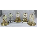 Five various anniversary clocks with glass domes (5)