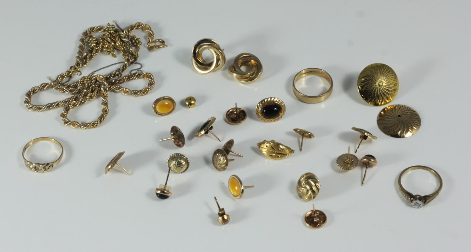 A 9ct gold necklace, bracelet and three rings, together with various earrings