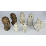 Five assorted composition-moulded figures including two mice and a money etc. together with two