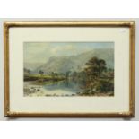 A late 19th/early 20th century continental school mountainous river landscape with figure by trees