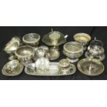 A silver-plated tri-shell nut dish together with various plated rose-bowls etc