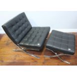 A modern Barcelona chair after Ludwig Mies van der Rohe, with bent chrome frame and black button-