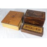 A 19th century rectangular Tunbridge ware wooden box, a small box with mother-of-pearl inlaid top,