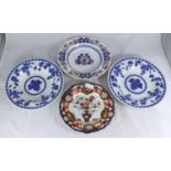 Three assorted Mintons cabinet plates, two 'Delft' pattern examples, together with a Mason's Imari