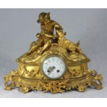 A late 19th century French gilt-spelter mantel clock with eight-day movement striking a bell, the