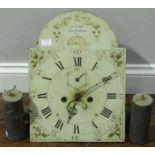 An eight-day longcase clock movement with painted dial, wooden platform and two weights,