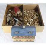 A collection of various oriental miniature figures, animals, buildings etc. and a wooden puzzle,