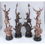 Two pairs of 19th century spelter figures in the classical style, with later painting, 50cm high