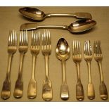 A pair of early Victorian silver fiddle pattern table spoons, engraved initials, four table forks (a