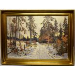 Carl Wennesmoes, Ravisholt 1933. A large signed oil painting on canvas, forest track in the snow,