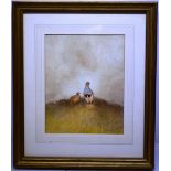 Fidler. A watercolour, pair of partridges and other partridges on a grassy mound, 8.5in (21.5cm) x