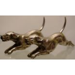 A pair of cast silver leaping hound peppers, the detachable heads with a bayonet fitting, 4.75in (