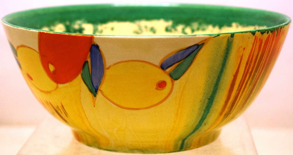 A Clarice Cliff china bowl, 'bizarre' pattern, 7.5in (19cm) diameter.