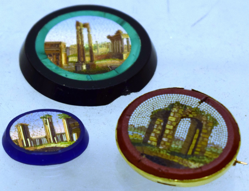 Three nineteenth century Italian micro mosaic pieces, of ruins of Ancient Rome, one oval on agate in